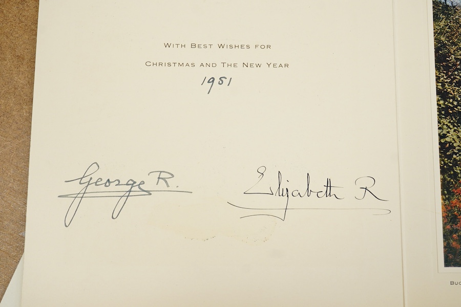 Two Royal Christmas cards from HM King George VI and Queen Elizabeth for 1951 and another undated, with gilt embossed crowns on the front, inside; ‘with best wishes for Christmas and the New Year, signed; ‘George R and E